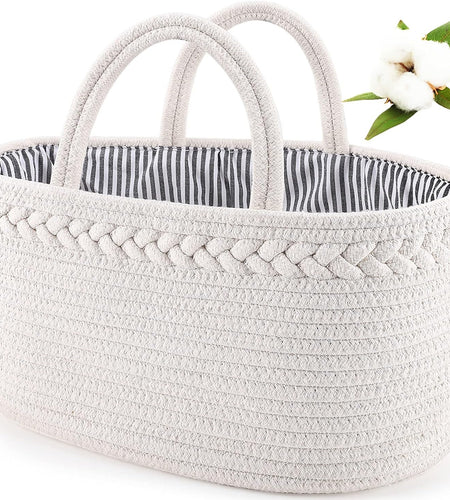 Baby Diaper Caddy Organizer, Boho Rope Nursery Storage Baby Basket Bin Gift Bags for Boys Girls, Portable Caddy Organizer for Changing Table Car, Ideal Gift Baby Shower Basket (White)
